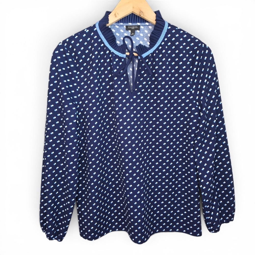 Talbots Top Womens LP Petite Large Blue Ruffle V Neck Tie Long Sleeve Casual